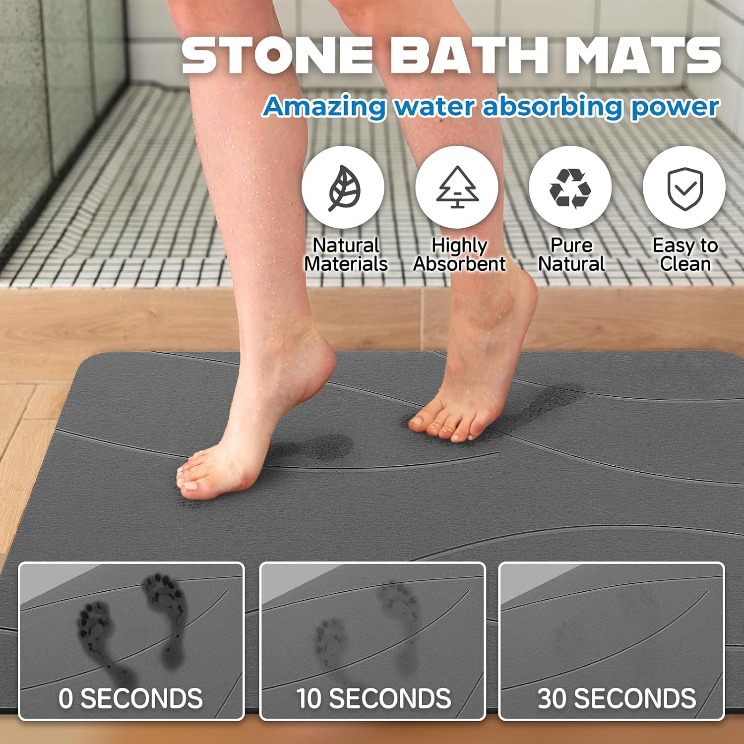 32"X20" Stone Bath Mat, Diatomaceous Earth Shower Mat, Non-Slip Super Absorbent Quick Drying Bathroom Floor Mat, Natural, Easy to Clean (Dark Grey)