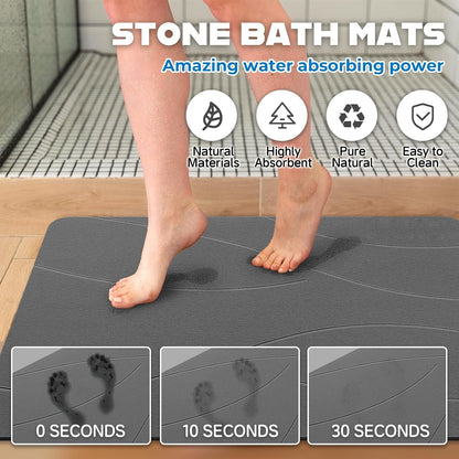 32"X20" Stone Bath Mat, Diatomaceous Earth Shower Mat, Non-Slip Super Absorbent Quick Drying Bathroom Floor Mat, Natural, Easy to Clean (Dark Grey)