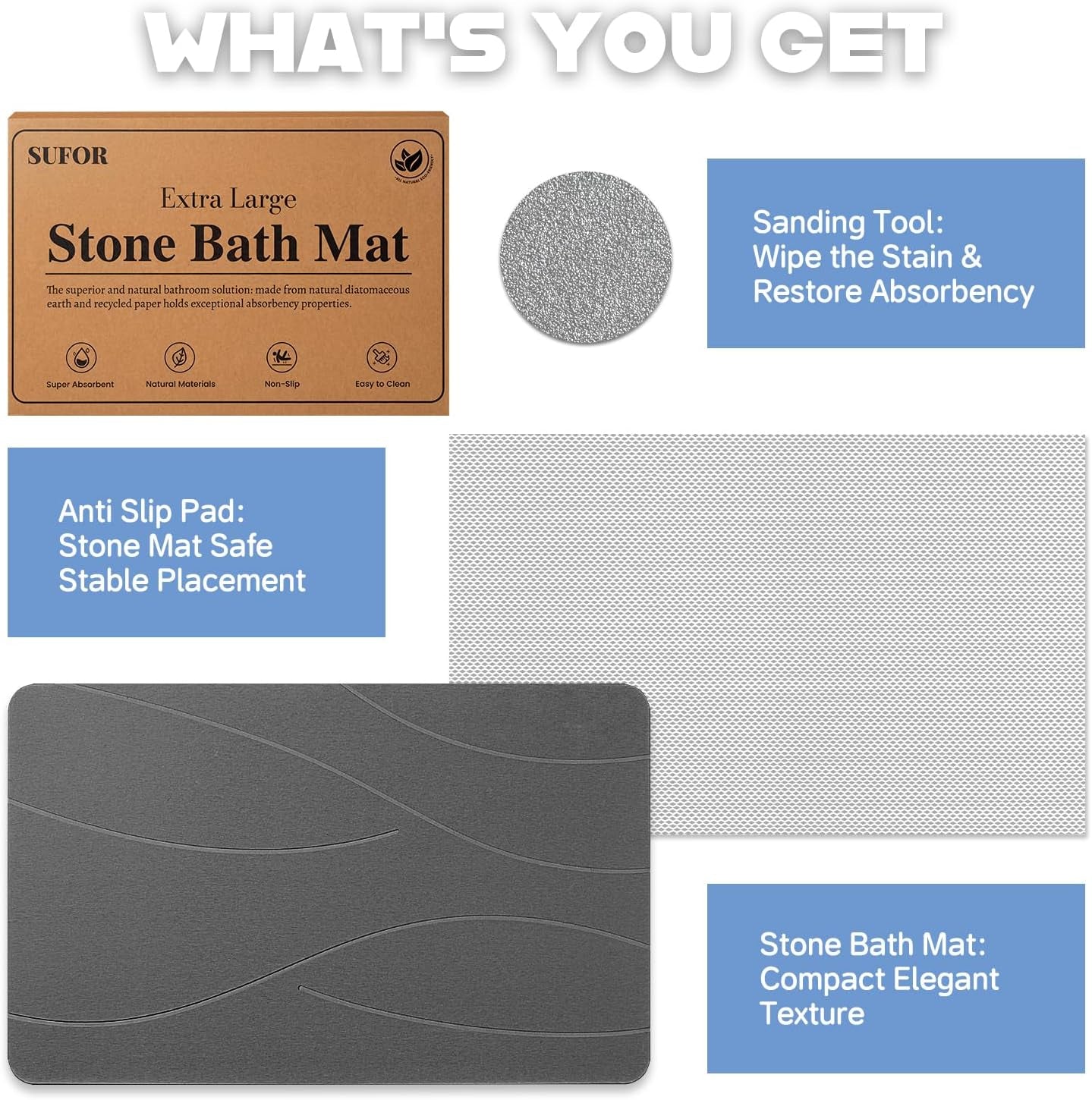 32"X20" Stone Bath Mat, Diatomaceous Earth Shower Mat, Non-Slip Super Absorbent Quick Drying Bathroom Floor Mat, Natural, Easy to Clean (Dark Grey)