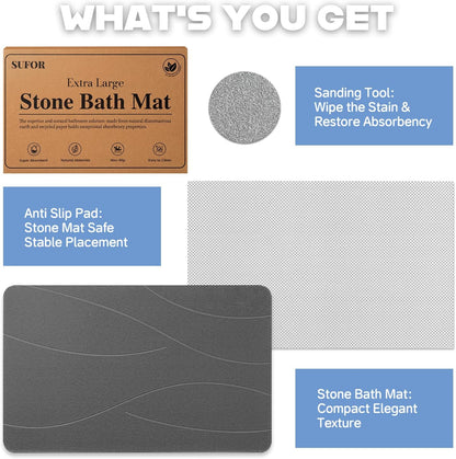 32"X20" Stone Bath Mat, Diatomaceous Earth Shower Mat, Non-Slip Super Absorbent Quick Drying Bathroom Floor Mat, Natural, Easy to Clean (Dark Grey)