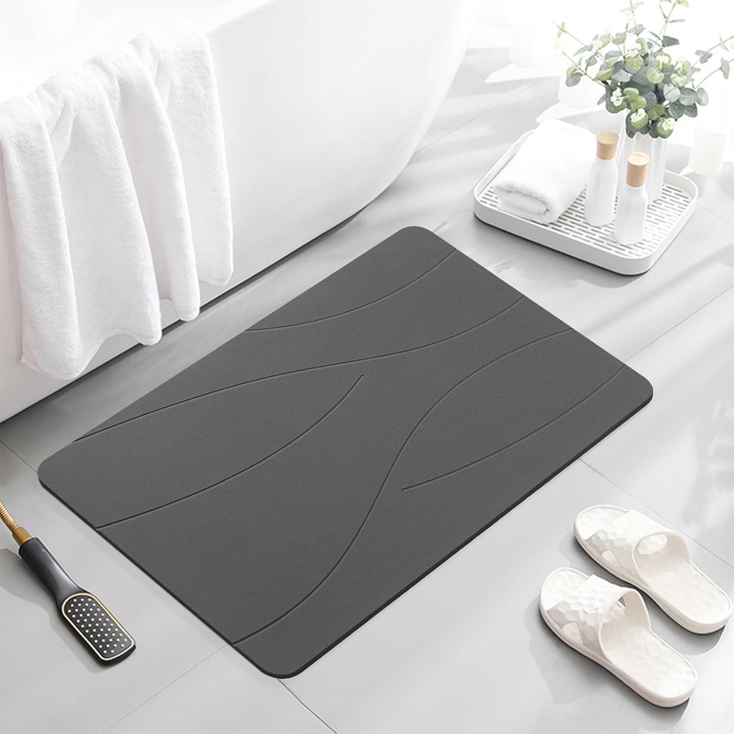 32"X20" Stone Bath Mat, Diatomaceous Earth Shower Mat, Non-Slip Super Absorbent Quick Drying Bathroom Floor Mat, Natural, Easy to Clean (Dark Grey)