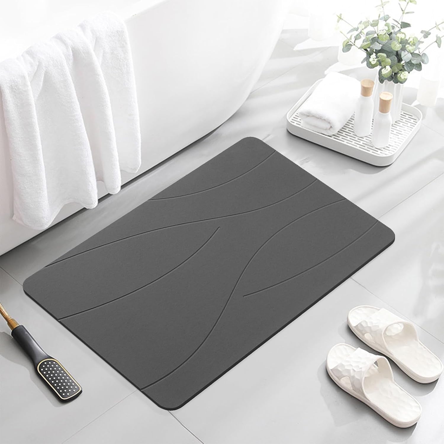 32"X20" Stone Bath Mat, Diatomaceous Earth Shower Mat, Non-Slip Super Absorbent Quick Drying Bathroom Floor Mat, Natural, Easy to Clean (Dark Grey)