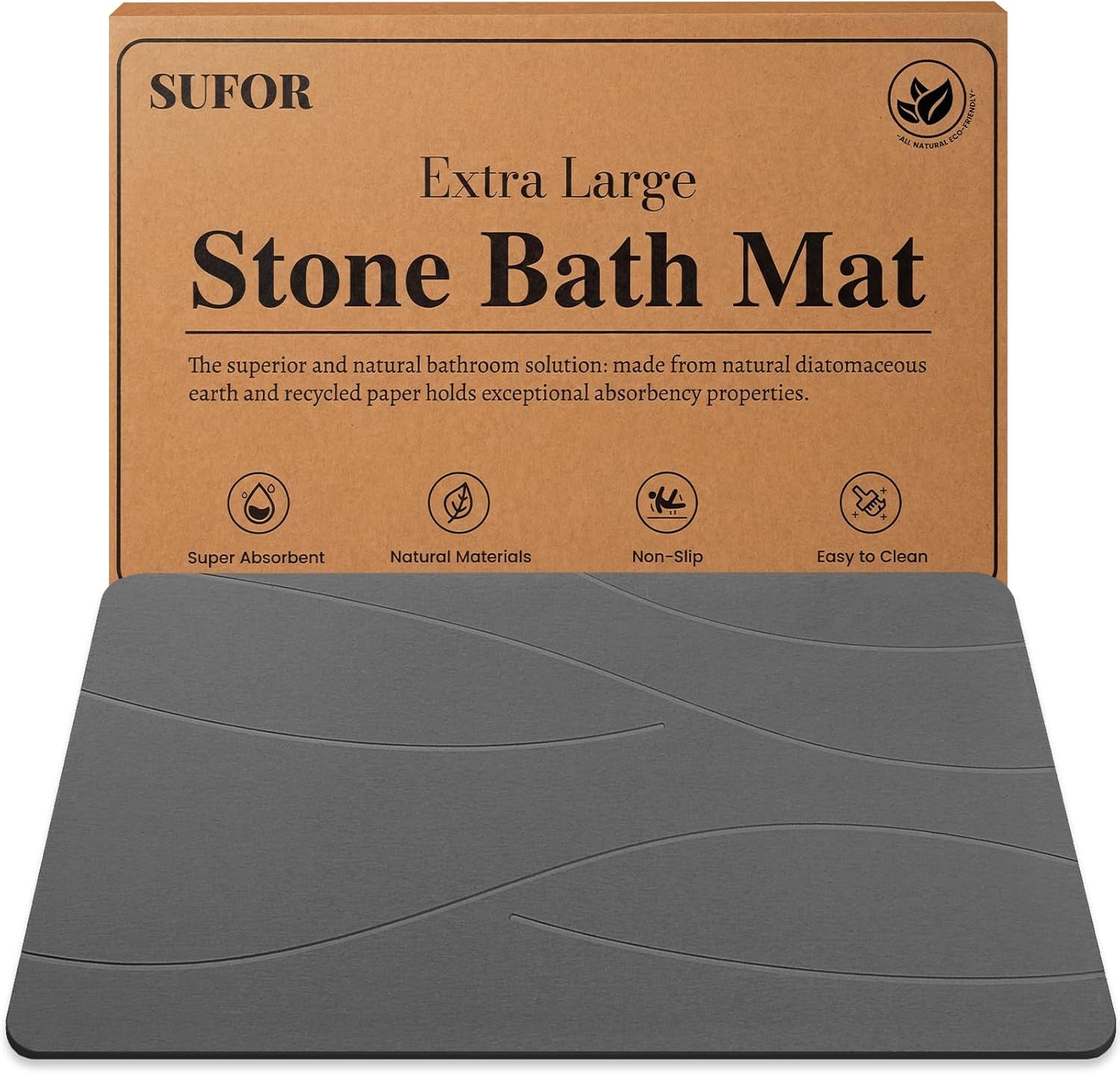 32"X20" Stone Bath Mat, Diatomaceous Earth Shower Mat, Non-Slip Super Absorbent Quick Drying Bathroom Floor Mat, Natural, Easy to Clean (Dark Grey)